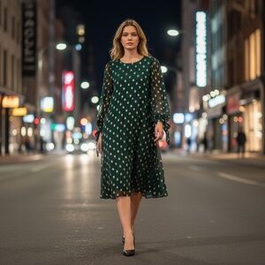 Dark Green Polka Dot Long Sleeve Dress